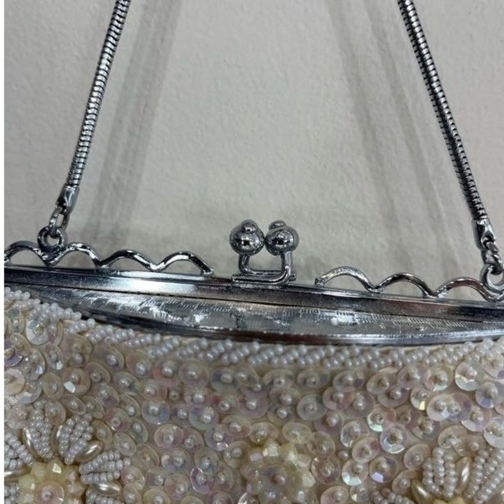 Vintage Beaded Pearl Floral Kiss-Lock Evening Bag Iridescent White Y2K Purse - Picture 3 of 4